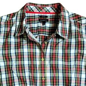 Talbots Non-Iron Button‎ Up Shirt 8 Red Green Plaid Long Sleeve Collar Preppy